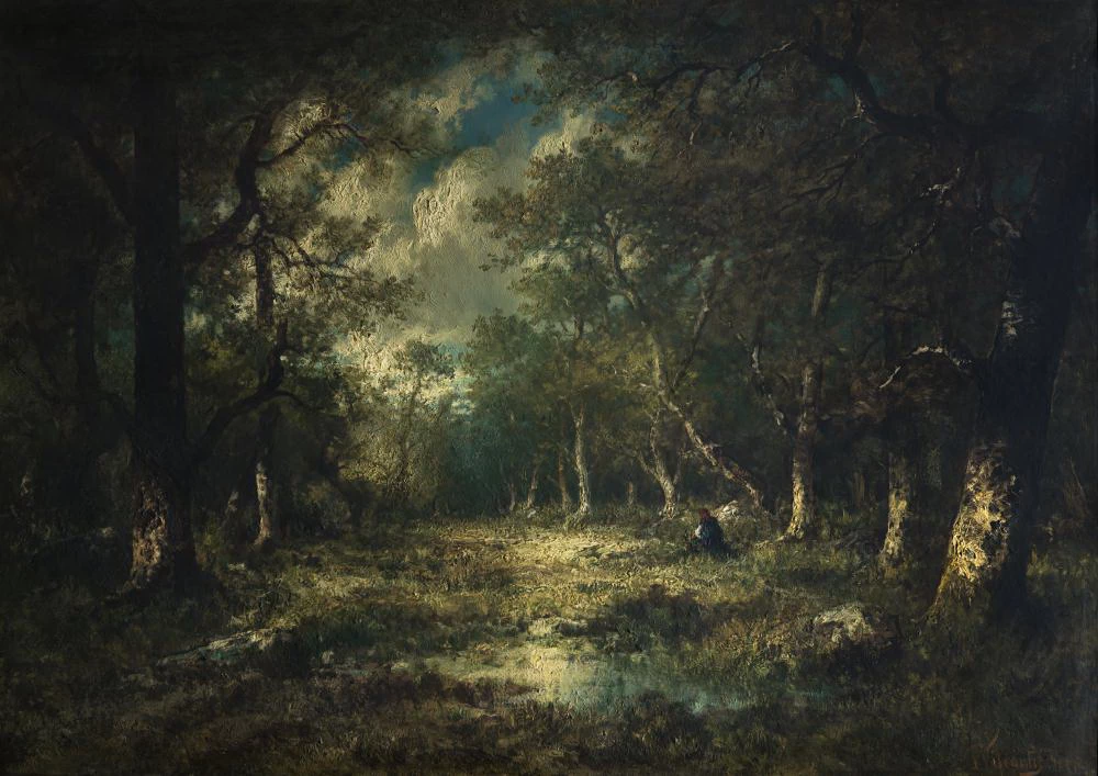 Paesaggio boscoso con donna seduta di spalle, 1877